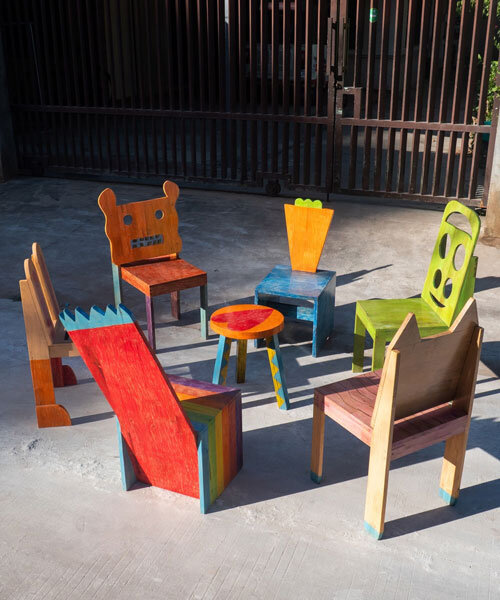 playful children’s drawings become colorful handmade chairs in cambodia